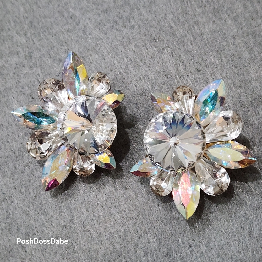 Vintage Crystal Aurora Borealis Clip-On Earrings AB Rhinestone